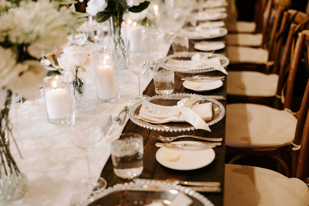 Wedding table linens and place settings